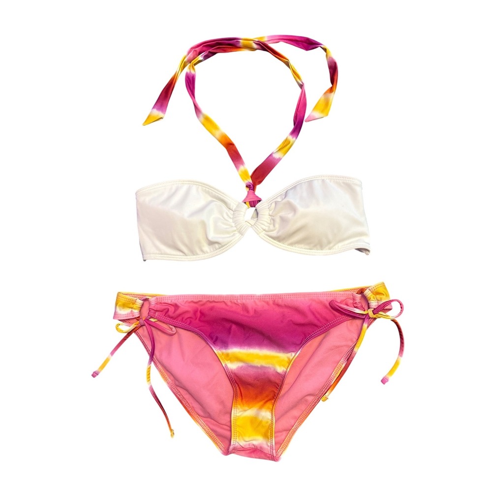 Raisins Women's White Pink Orange Tie Dye Halter Bikini Set, Size Large
